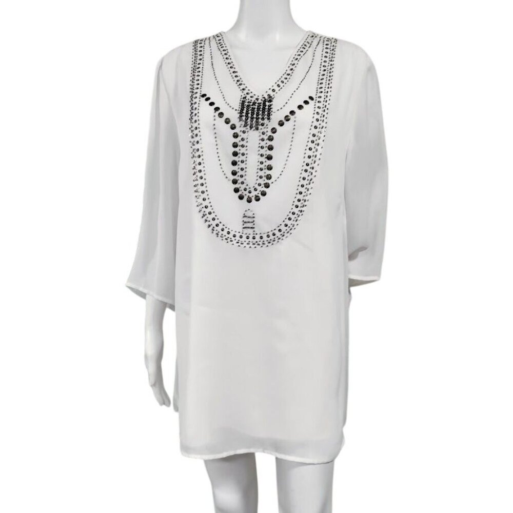 Maggie Barnes White Beaded Whimsy Artsey Lagenlook Gauzy Boho Mini Dress 14,NWT - Picture 2 of 10